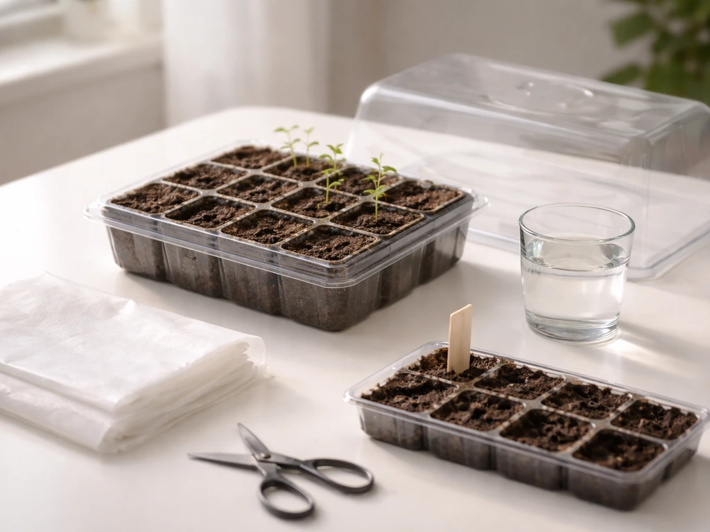 Minimal kitchen scene with a seed-starting tray, early lantana-like seedlings, water cup, and humidity dome.