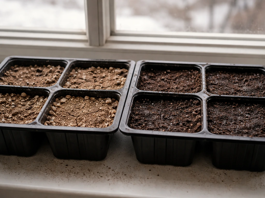 Close-up of seed-starting trays showing uneven moisture: too-dry section vs evenly moist soil