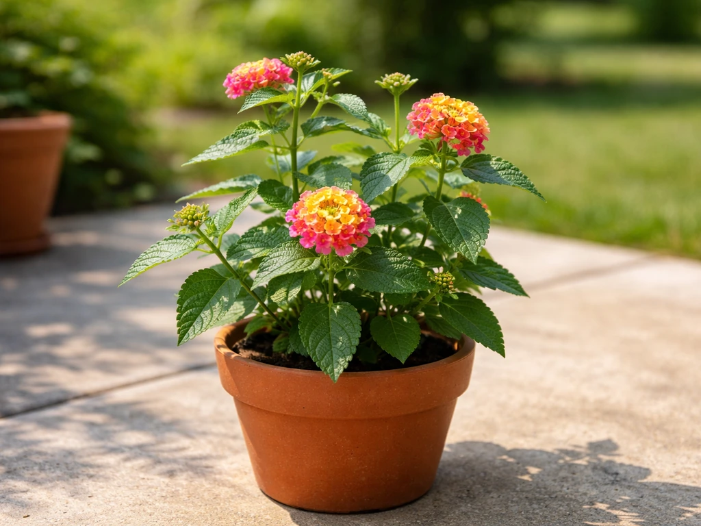 Potted lantana in early bloom with vivid flowers and fresh buds in bright sunlight.