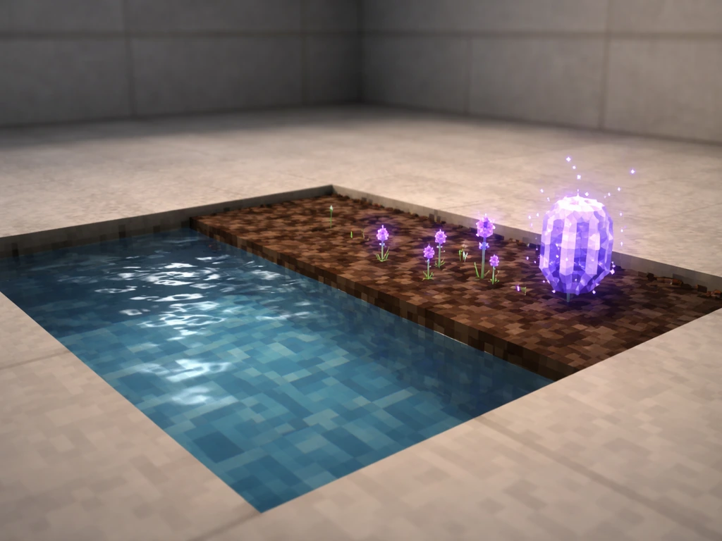 Minimal Minecraft-style setup with a water block and adjacent growth area showing Fluix seed progression.