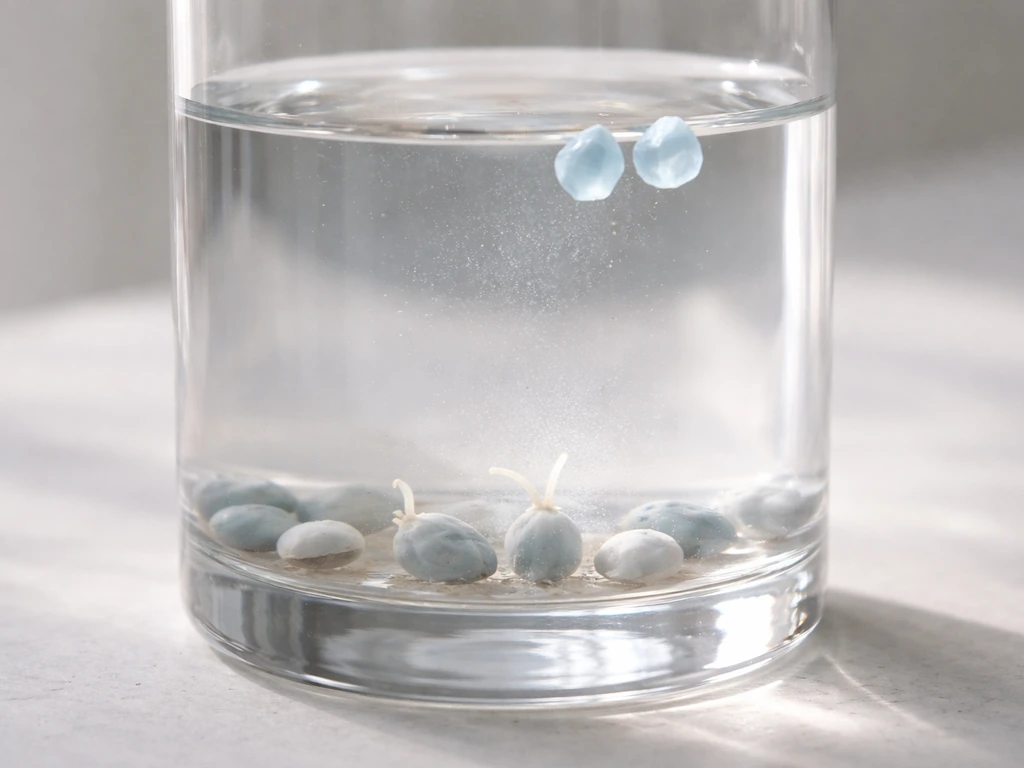 Clear water with pale-blue seeds and faintly growing sprout tips, plus small faceted blue crystals forming.