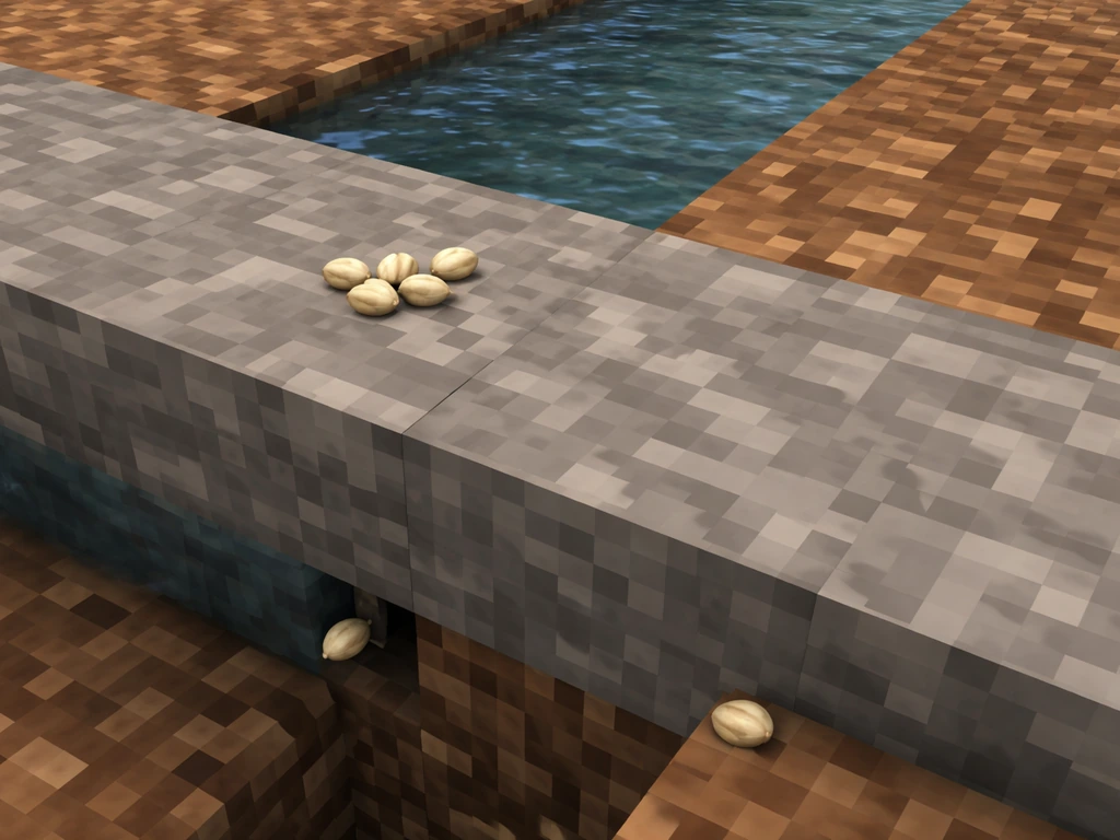 Minimal in-game scene of pale seeds on a wrong block near water, with one seed having fallen away