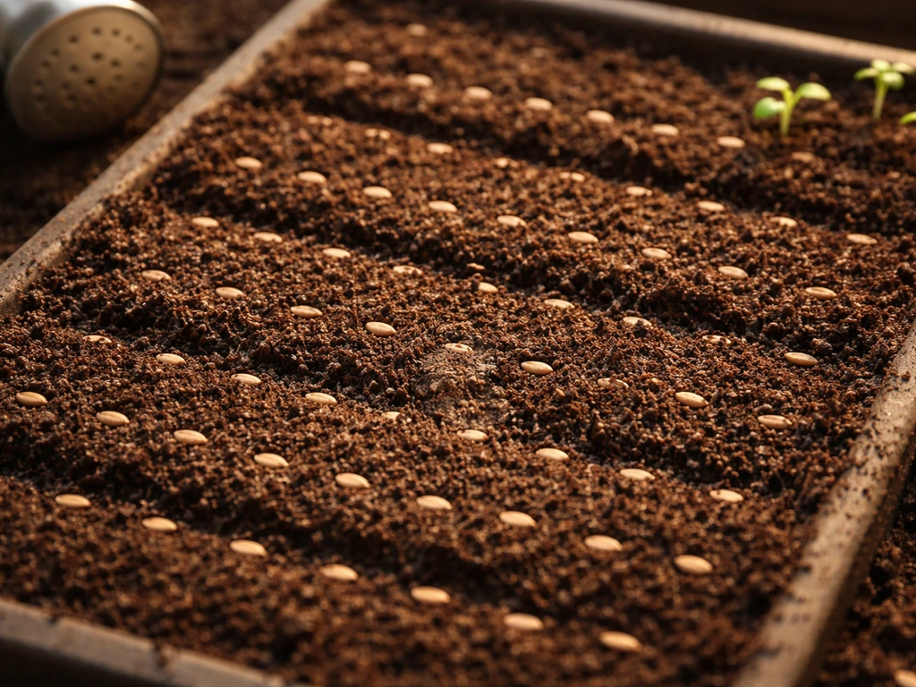 Overhead view of stevia seeds on a seed-starting tray with moist soil and warm light.