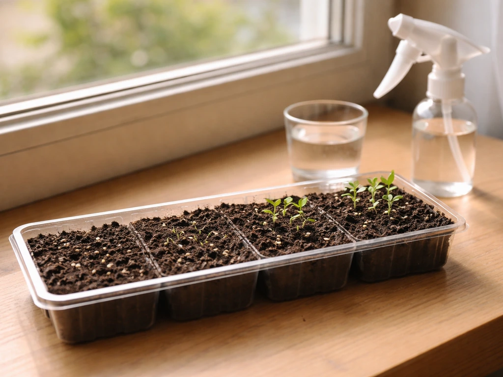 Indoor seed-start tray on a windowsill showing stevia from seed to sprout to young seedlings progression.
