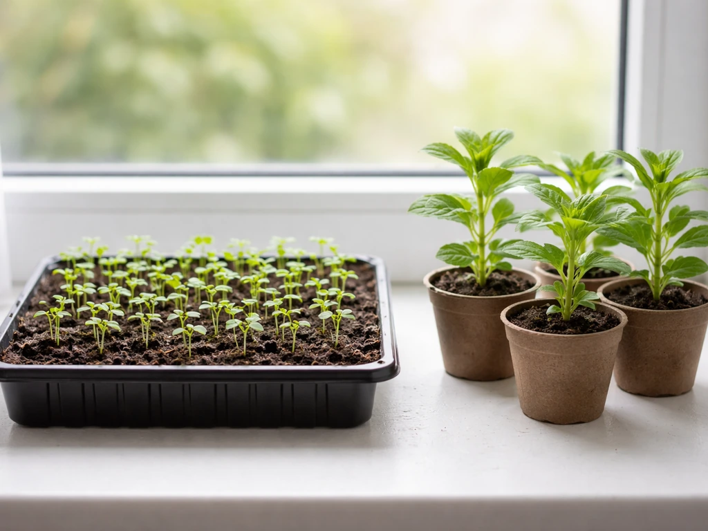 Stevia seedlings in a tray versus larger transplant-ready seedlings in small pots on a windowsill.