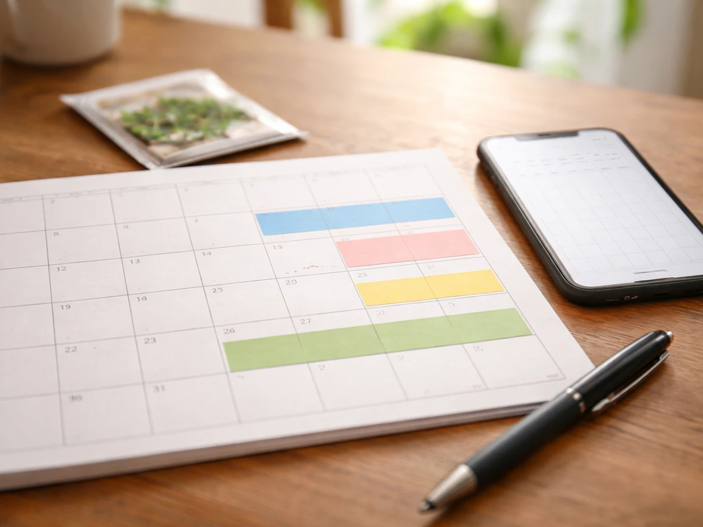 Printed calendar and smartphone on a table with colored sticky notes for frost, planting, transplant, and harvest.