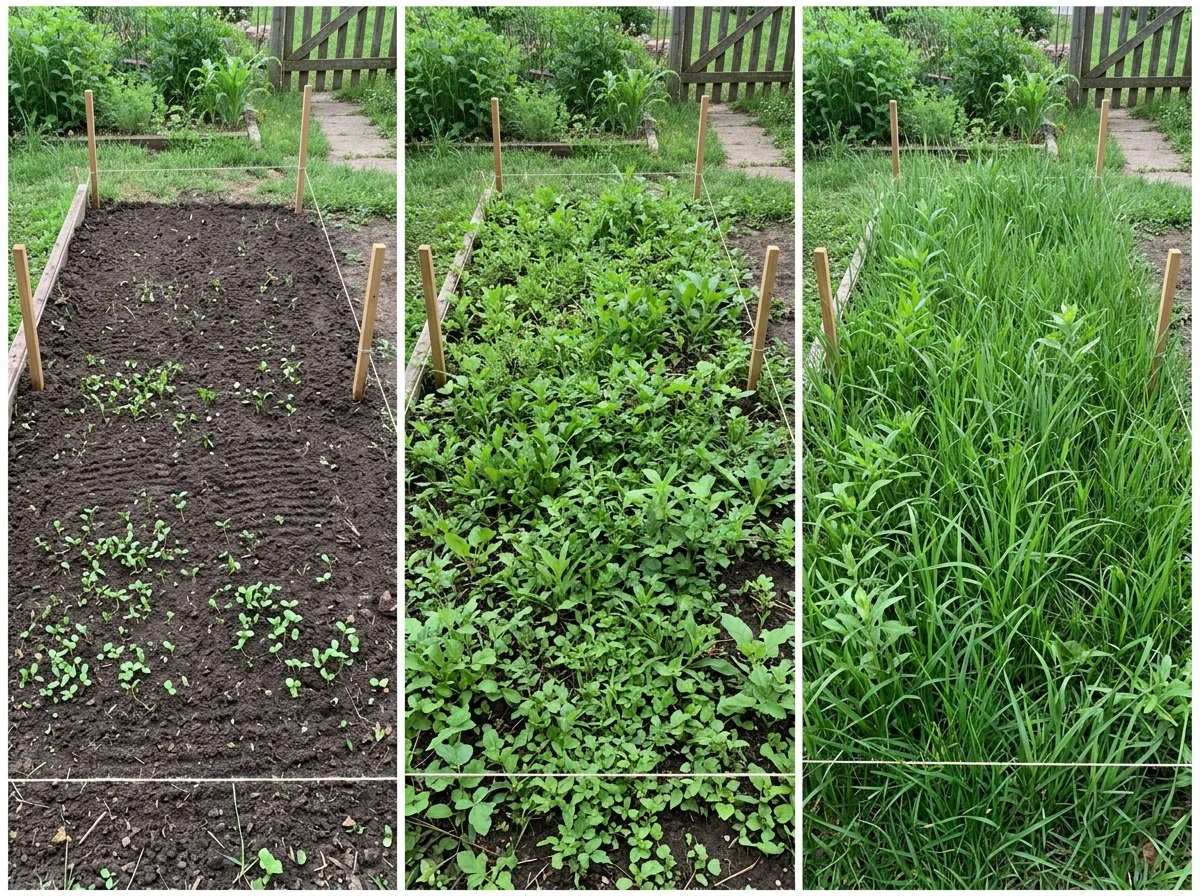 Three stages of grass seed growth: sprouts, established cover, and mow-ready young blades.