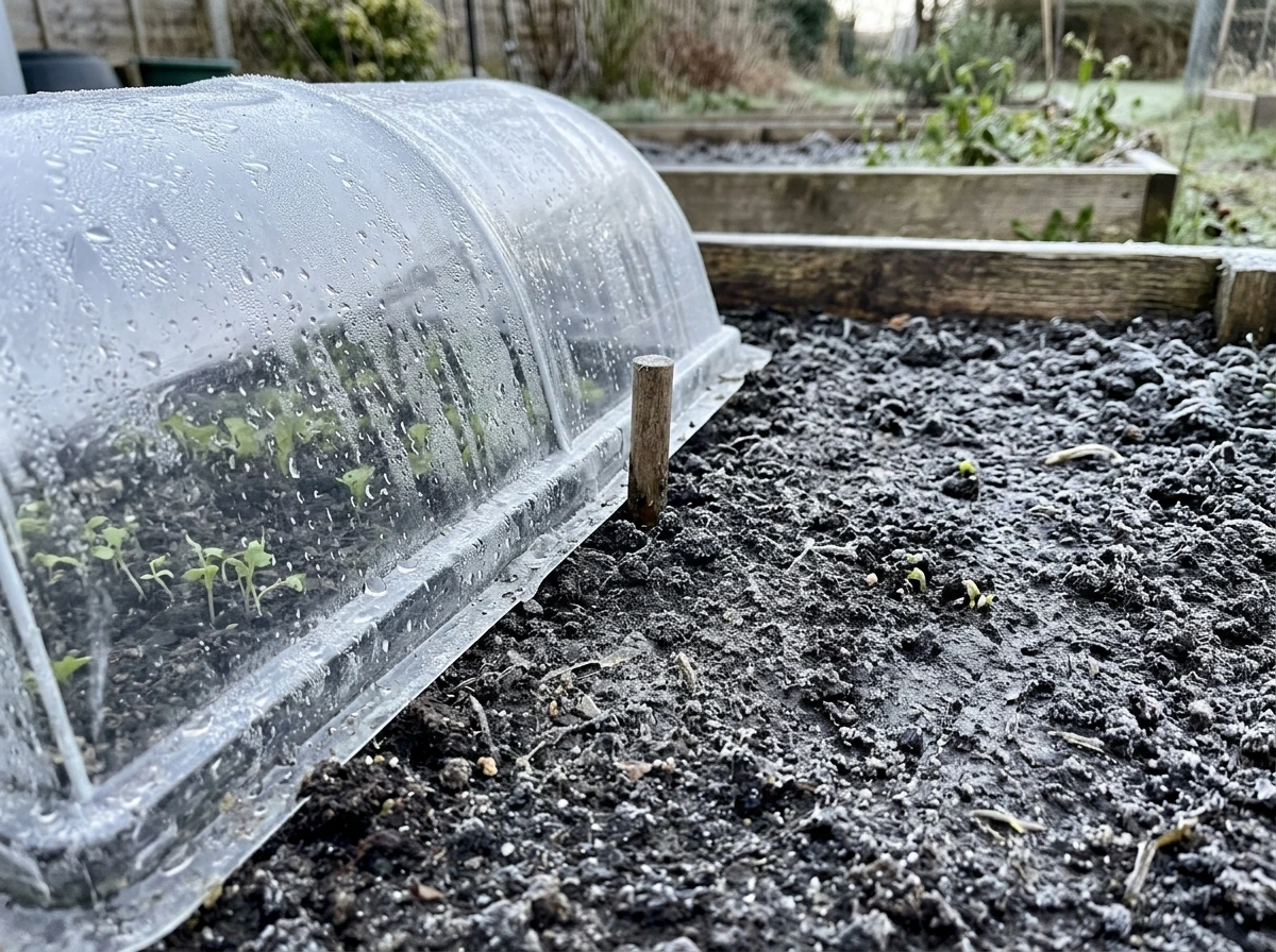 Cold soil comparison: cloche-covered grass seedbed shows more germination than uncovered.