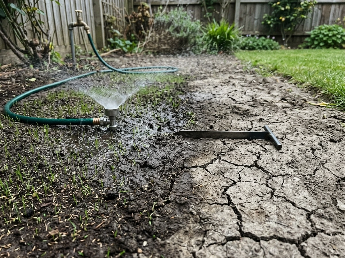 Fine sprinkler watering new grass seedbed while a nearby area shows drying soil.