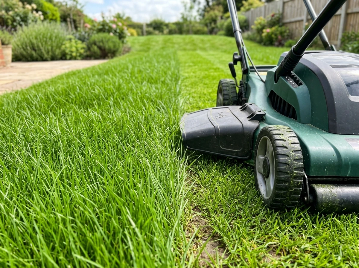 First mowing of young grass at seed-to-lawn stage, mower set high for safety.