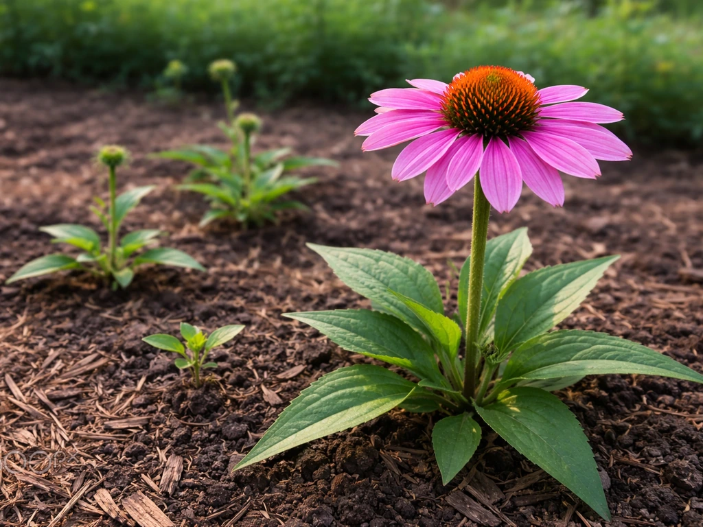 Vivid Echinacea coneflower blooming in a simple garden bed with a few seedlings nearby.