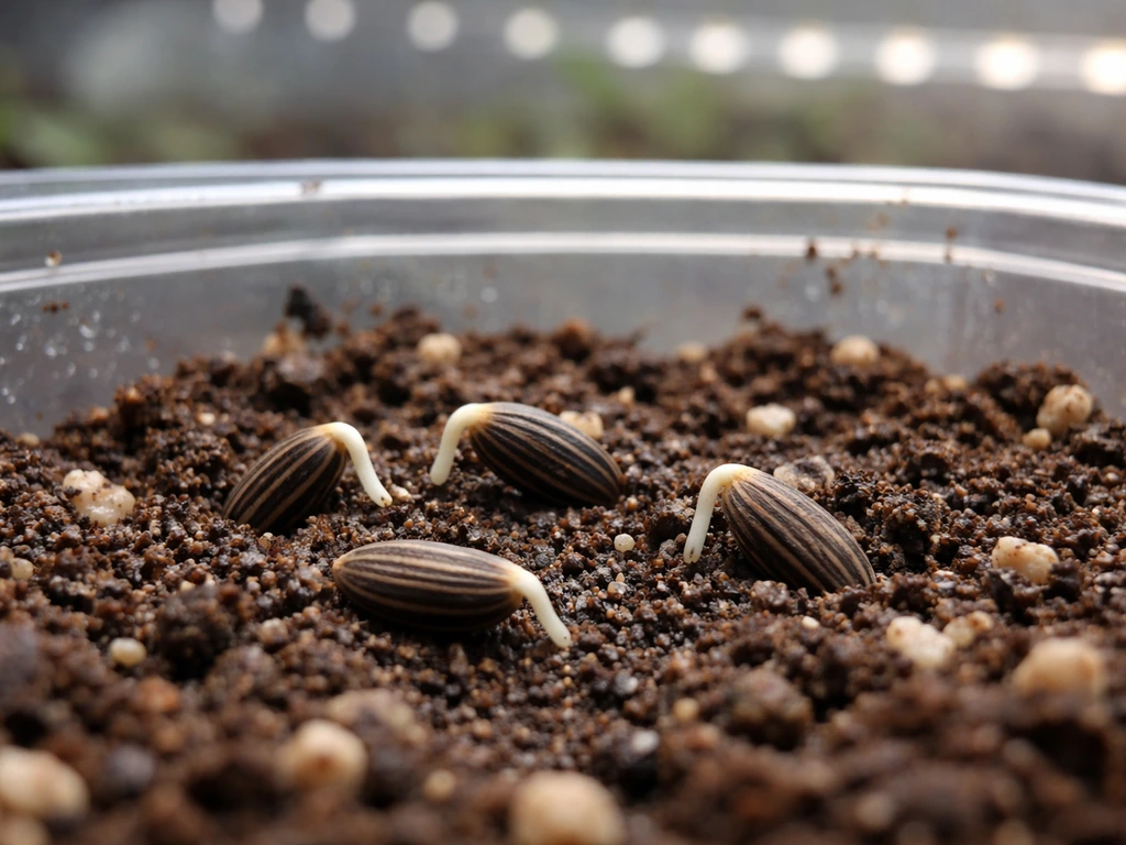 Coneflower seeds in moist seed-starting medium with tiny radicles emerging under a growing light.
