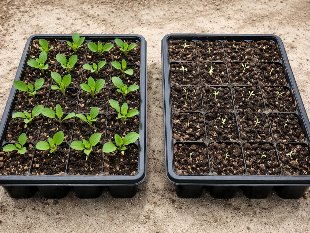 Two coneflower seed trays side-by-side showing one thriving and one stalled under different stratification conditions.