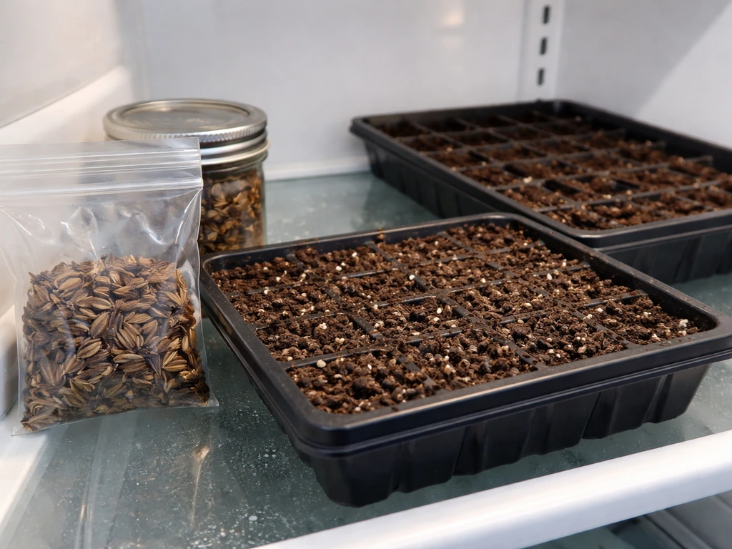 Coneflower seeds in a container with moistened medium on a tray inside a refrigerator for cold stratification