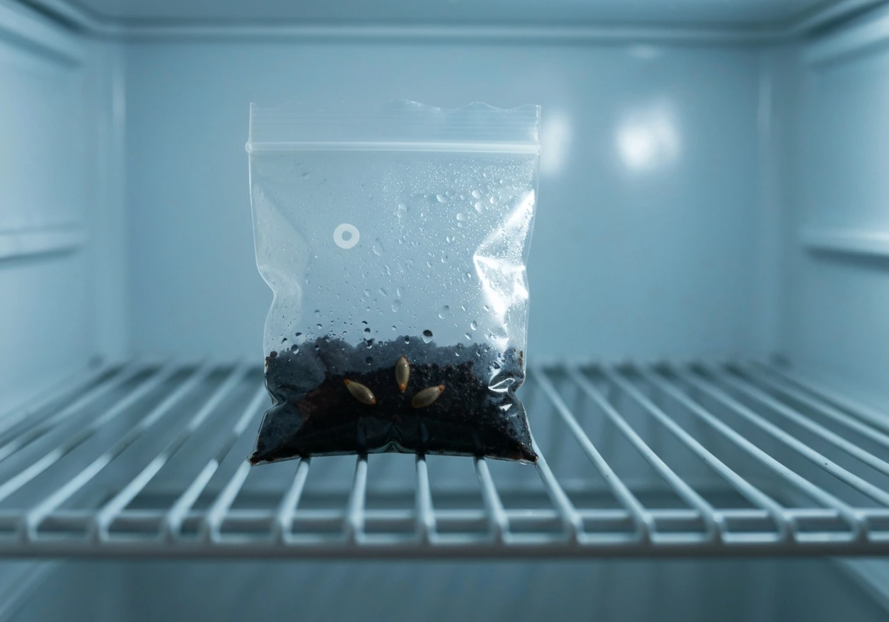 Rose seeds in a sealed bag with moist medium inside a fridge-like setting for cold stratification