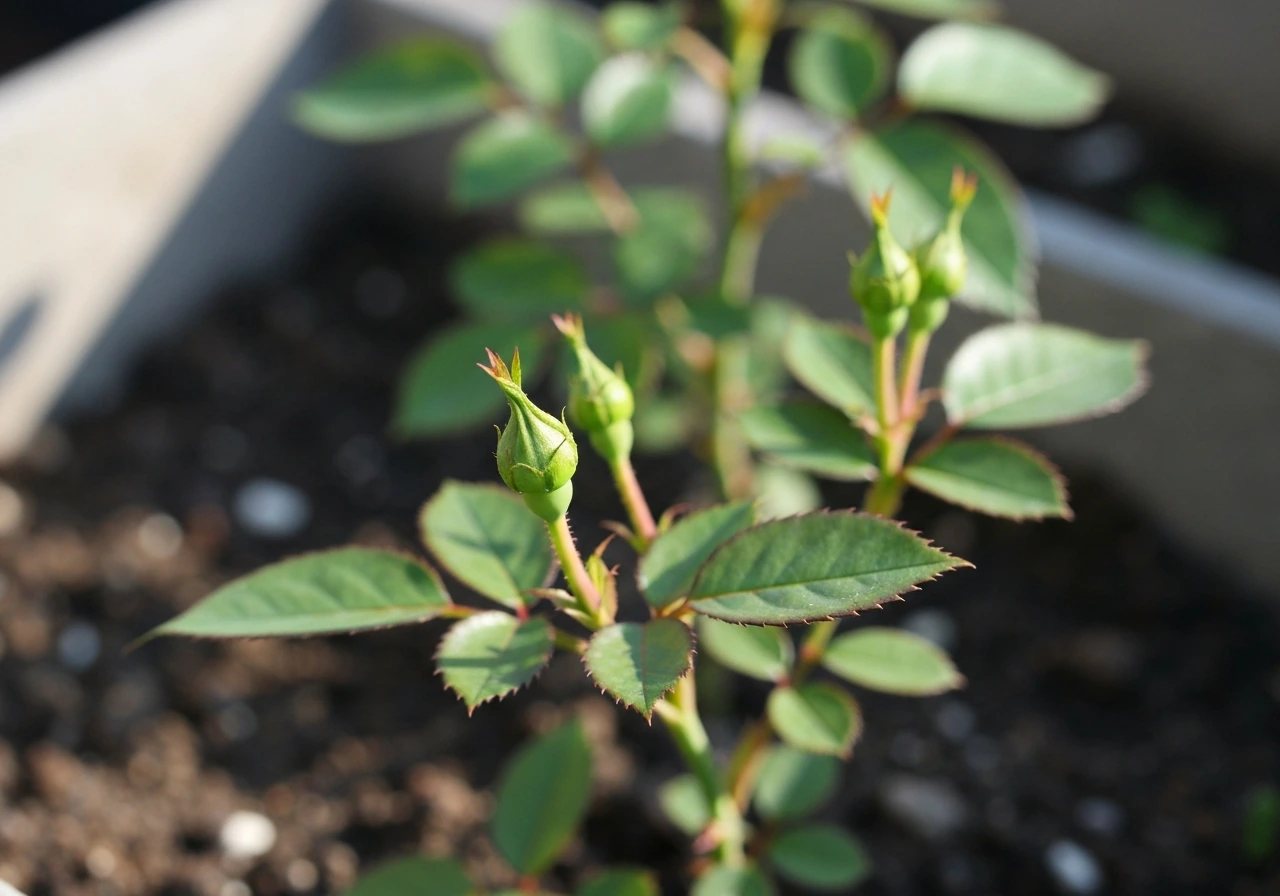 Young rose plant with a small bud in soft morning light, hinting at future first blooms.