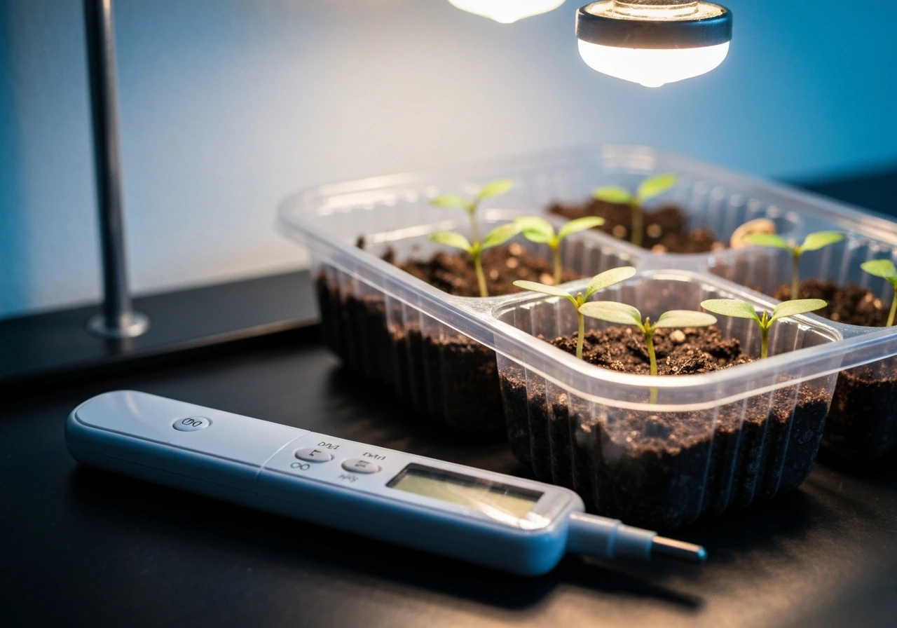 Thermometer beside a tray of tiny rose seedlings under a grow light.
