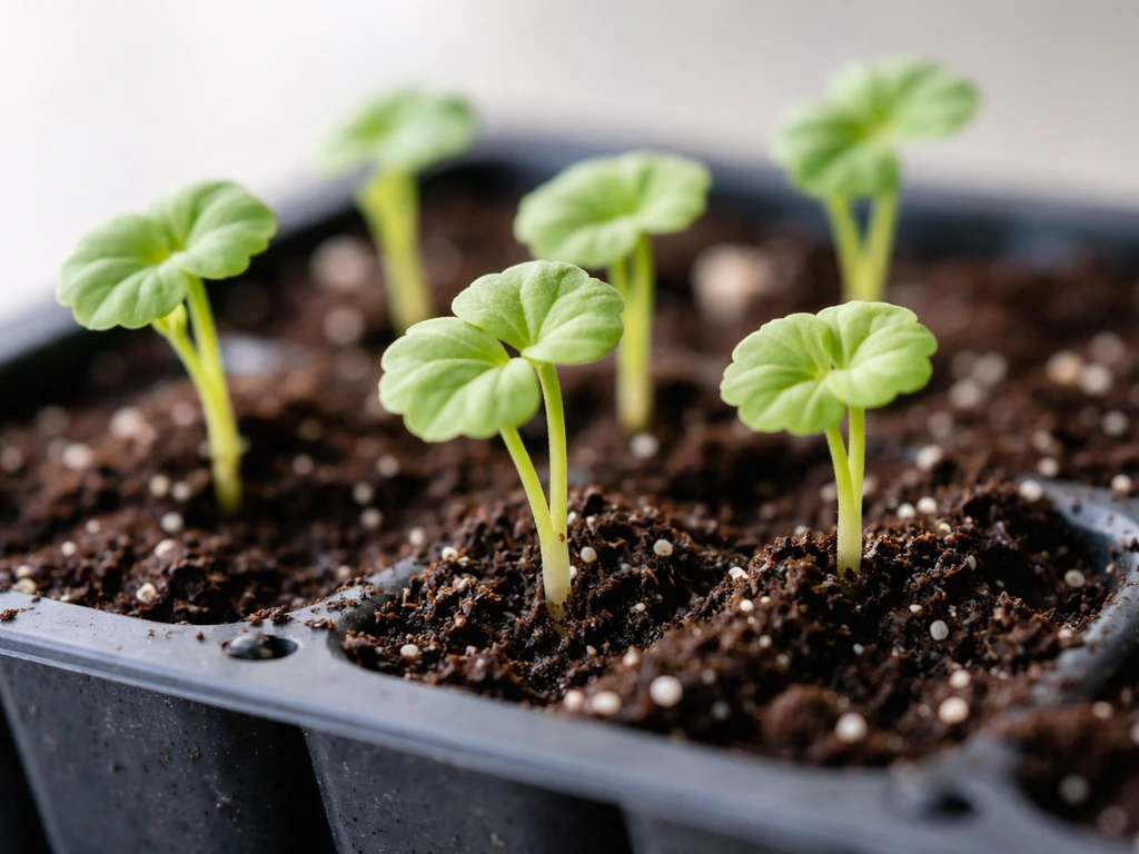 Bright close-up of geranium seedlings just sprouting from seed-starting mix in a tray.