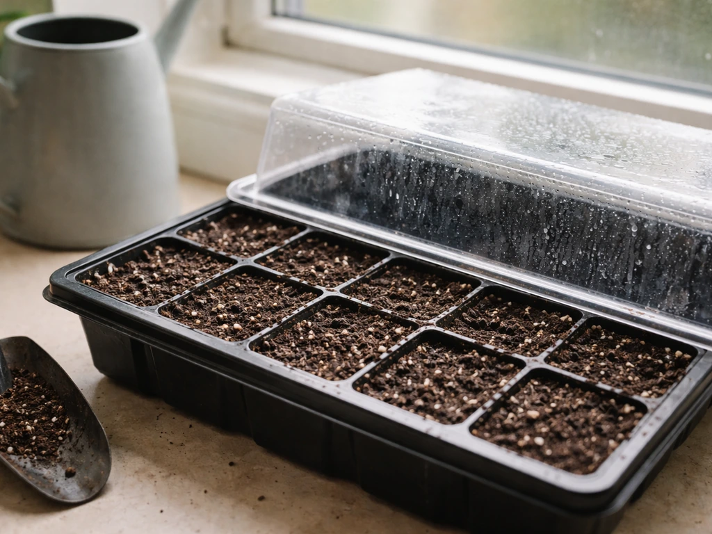 Seed tray with potting mix and covered geranium seeds under a clear humidity dome on a windowsill.