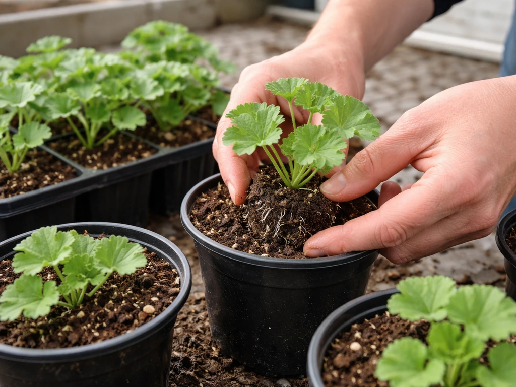 Geranium seedlings with three sets of true leaves being gently potted into 4-inch pots.