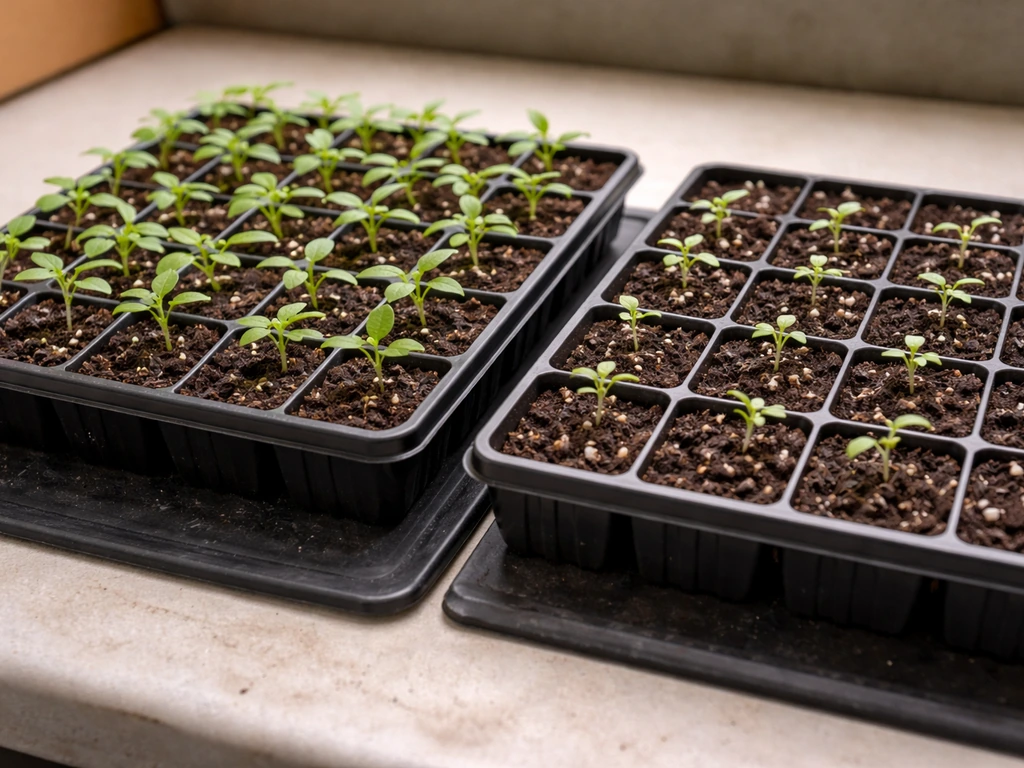 Seed trays side by side: vigorous seedlings on a heat mat and slower, paler seedlings in cooler light