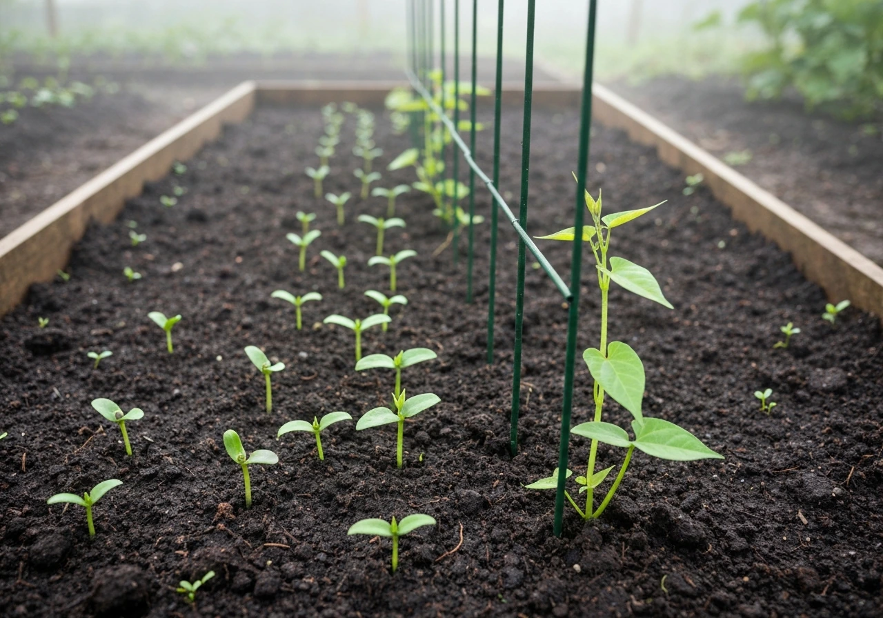 Morning glory seedlings at different stages in soil, with a trellis nearby to suggest upward growth