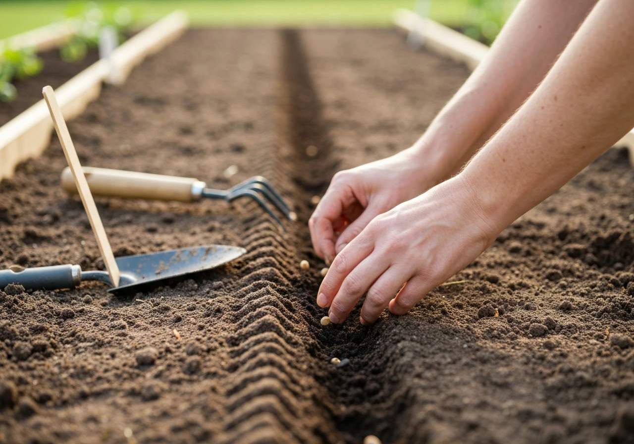 Close-up of morning glory seeds being placed in a prepared raised garden bed with soil and simple spacing tools.