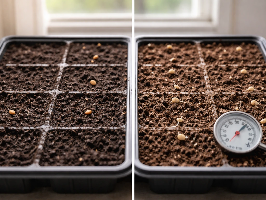 Split view of cold/dry vs warm/moist seed-starting tray, with one showing germination and a thermometer
