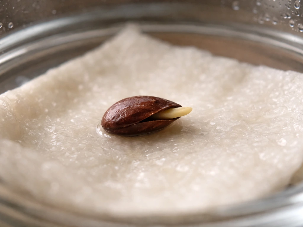 Close-up of an apple seed cracking on moist paper towel, with a tiny white radicle showing first growth.