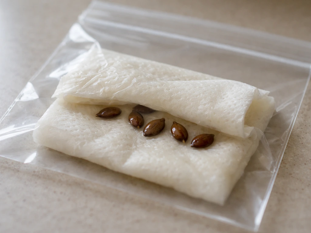 Apple seeds wrapped in a barely damp paper towel inside a zip-top bag for indoor chilling