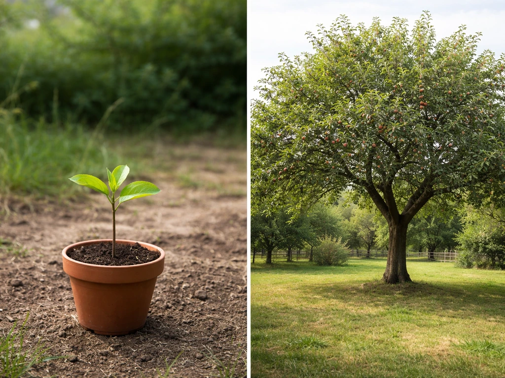 Small potted apple seedling beside a large mature apple tree in an orchard-like yard.