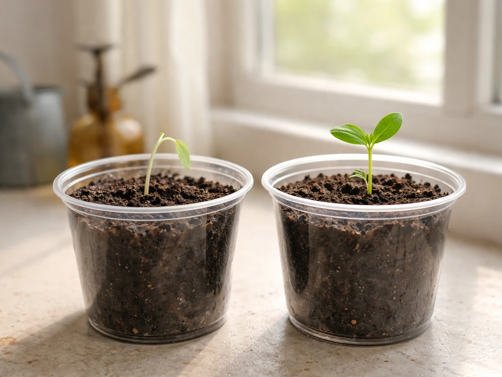 Two small seedlings in soil: one weak and one healthy, shown side by side for growth troubleshooting.