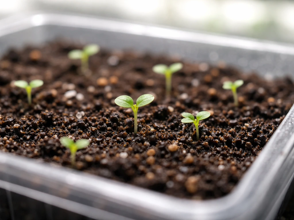 Tiny begonia seedlings emerging from seed-starting mix under bright light in a propagation tray.