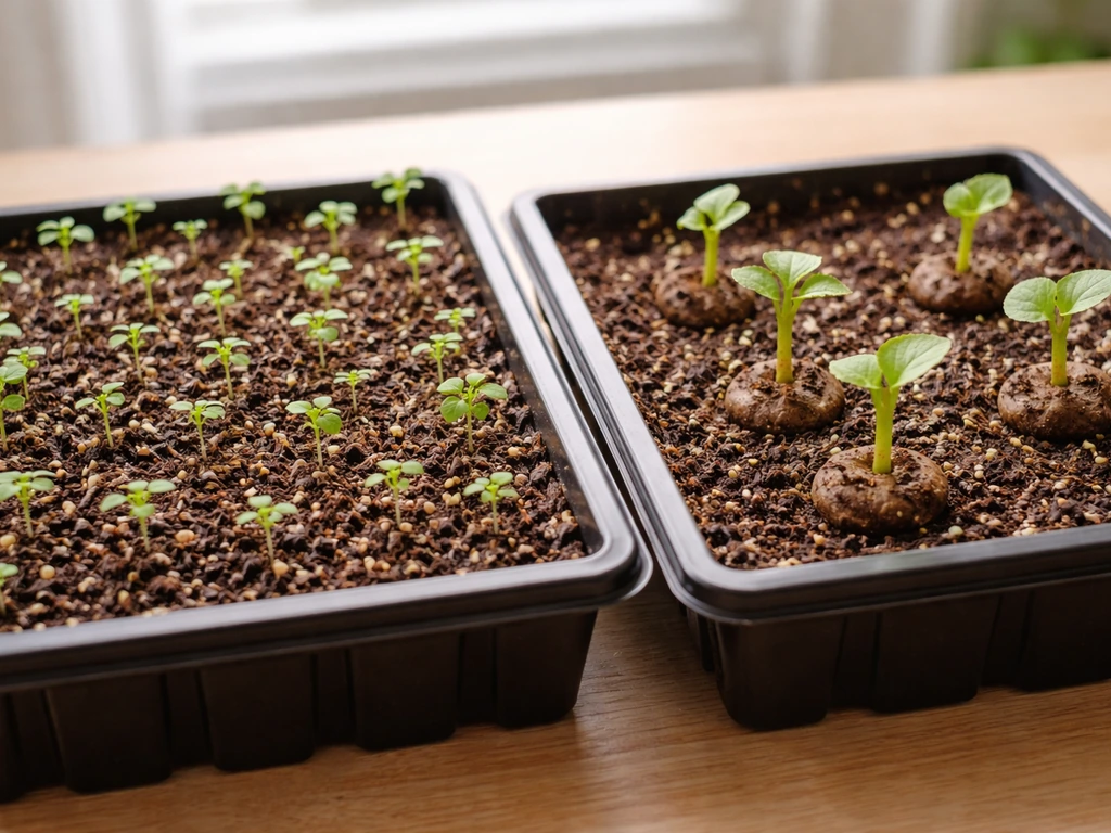 Two trays of begonia seedlings side-by-side: fibrous/wax seedlings and tuberous early tuber growth in soil.