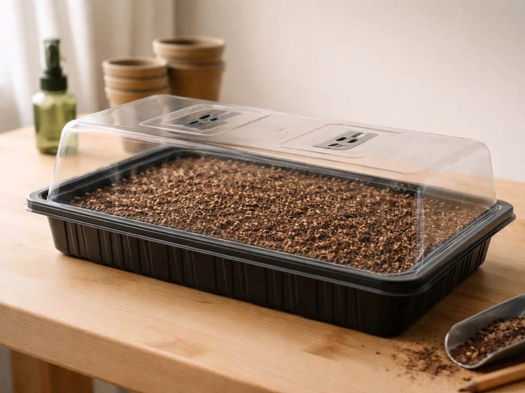 Shallow seed tray with fine seed-starting mix, begonia seeds sprinkled, covered with a clear humidity lid.