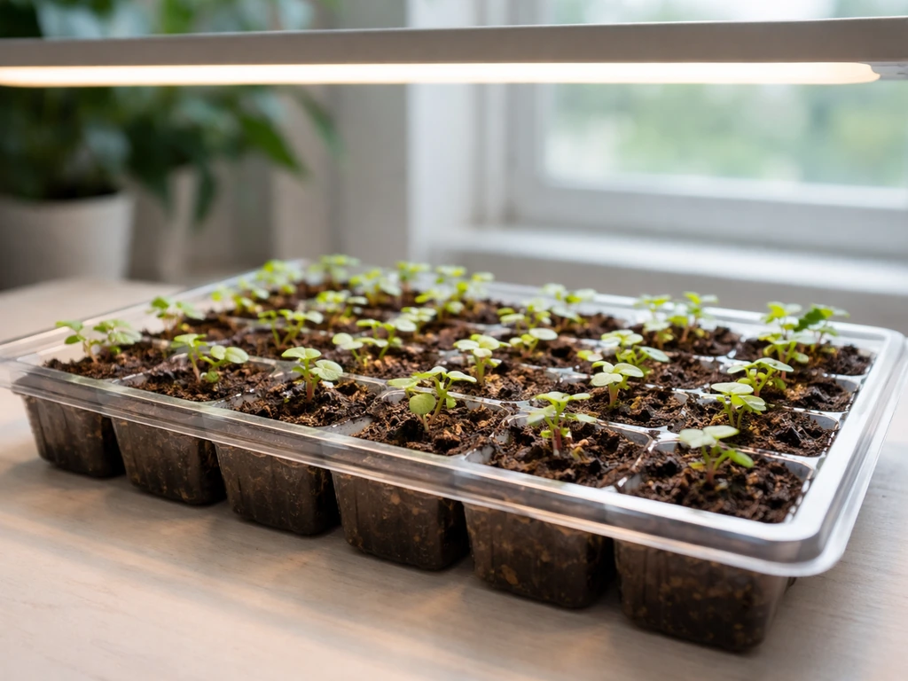 Indoor seed-starting tray with small begonia seedlings under grow lights in early spring.