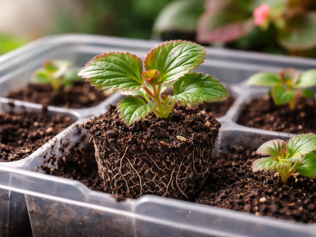 Begonia seedling with 2–4 true leaves and visible roots in a transplant cell, with blurred flowering bud behind.