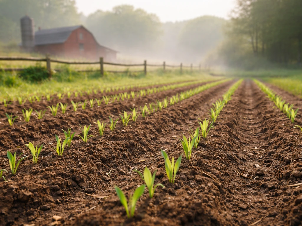 Stardew-inspired spring farm field with freshly sprouting green crops in tilled rows.