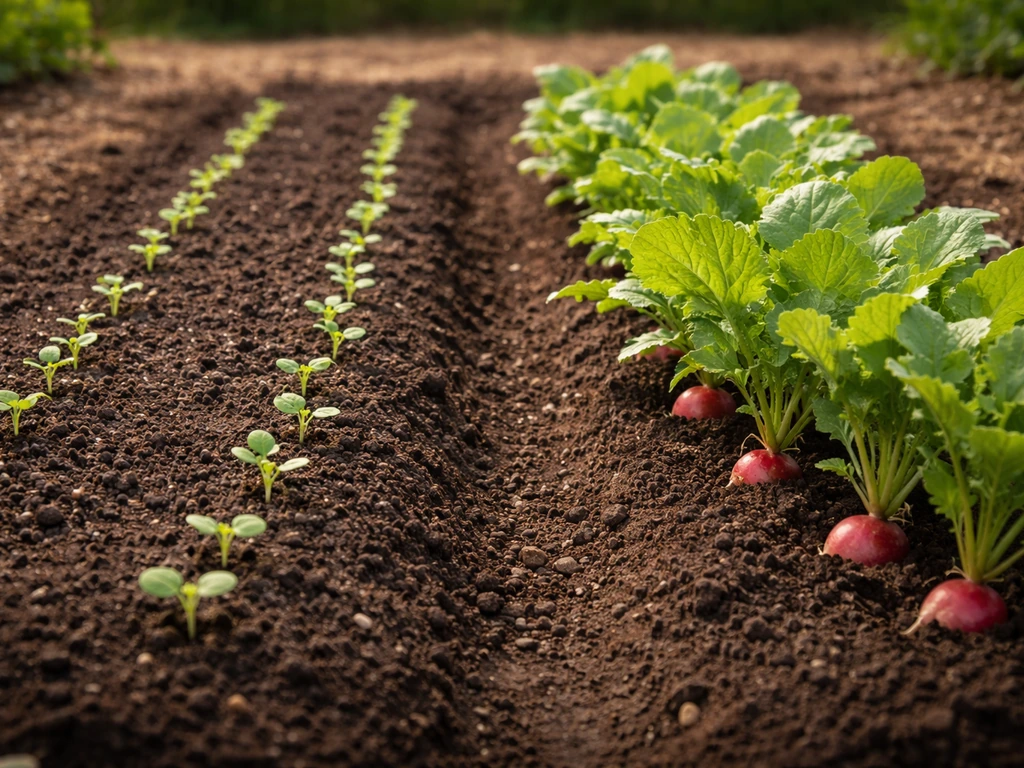 Two small garden rows side by side showing seedlings and nearby ready-to-harvest crops