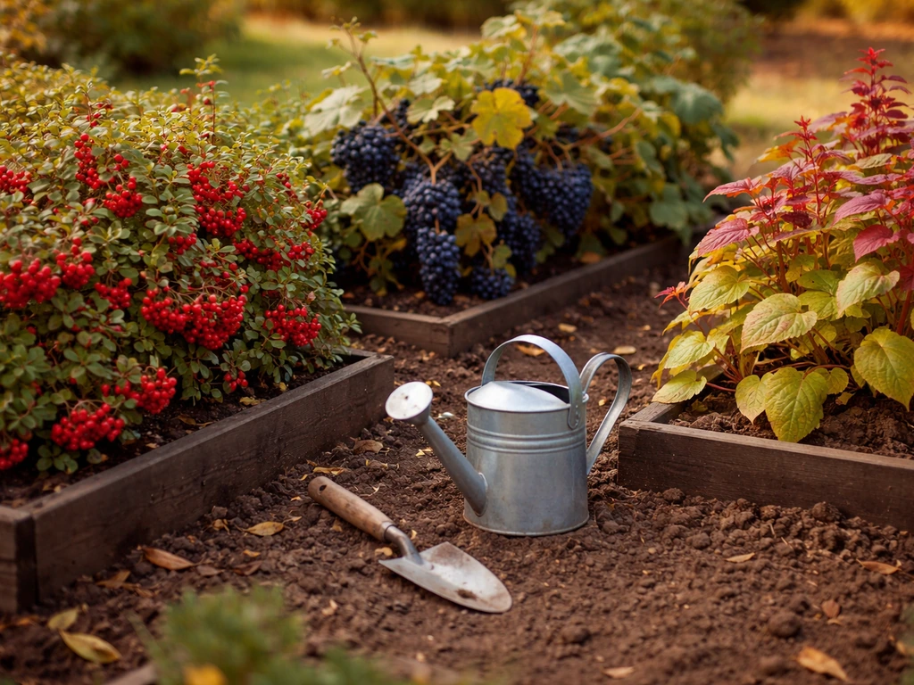 Autumn garden beds with cranberries, grapes, and amaranth in soft natural light.
