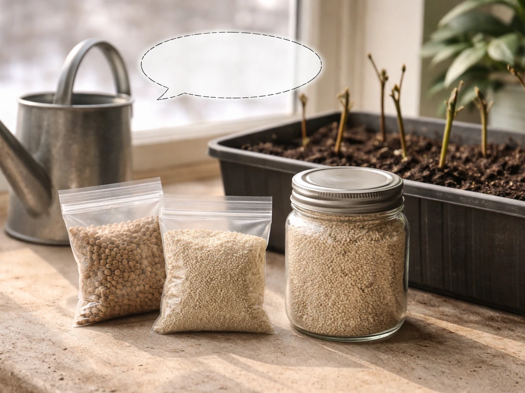 Fertilizer pouches and jar beside a small winter planter, with a blank note-like callout area.