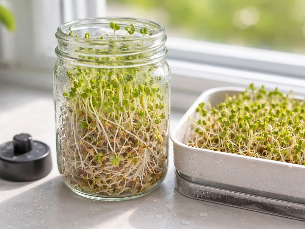 Close-up of 72-hour seed sprouts in a clear jar/tray with water droplets, bright high-contrast lighting.