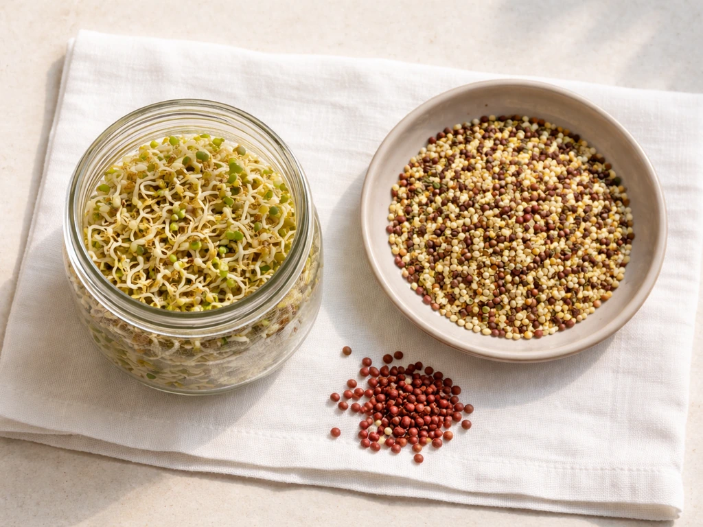 Top-down view of sprouting seeds and a small jar setup on a light kitchen counter.