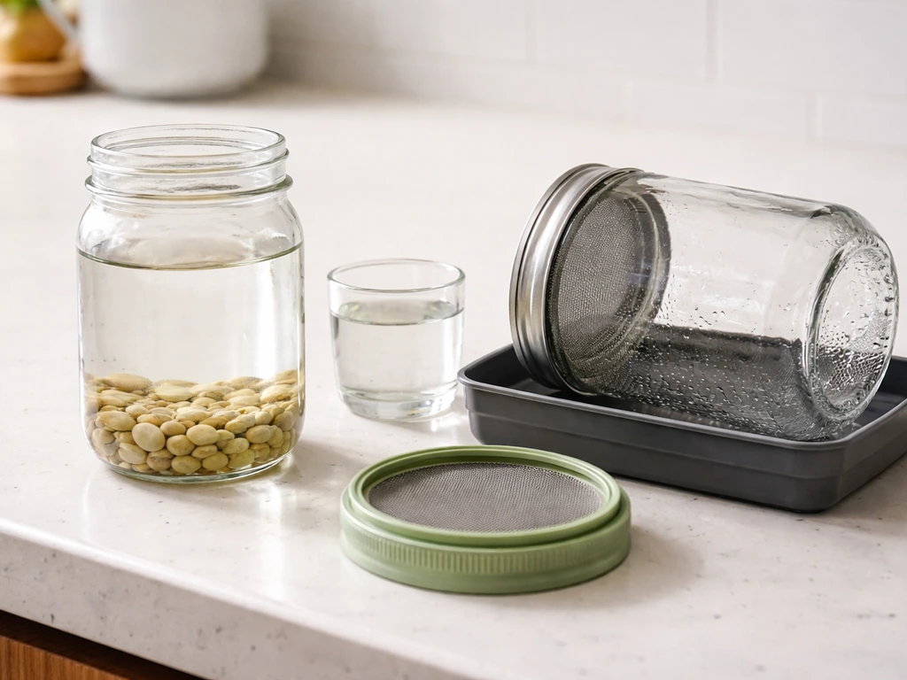 Glass jar with soaking seeds next to covered sprouting jar and rinse cup on a clean kitchen counter.