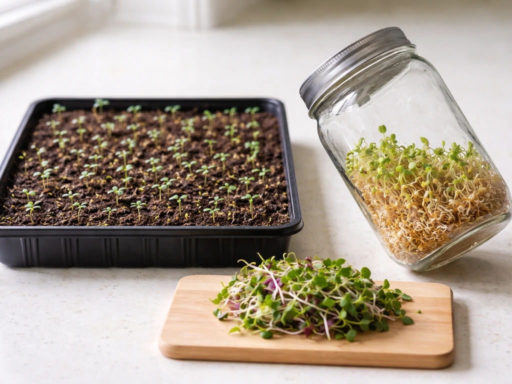 Radish seedlings in a soil tray beside a clear jar with fresh green sprout shoots