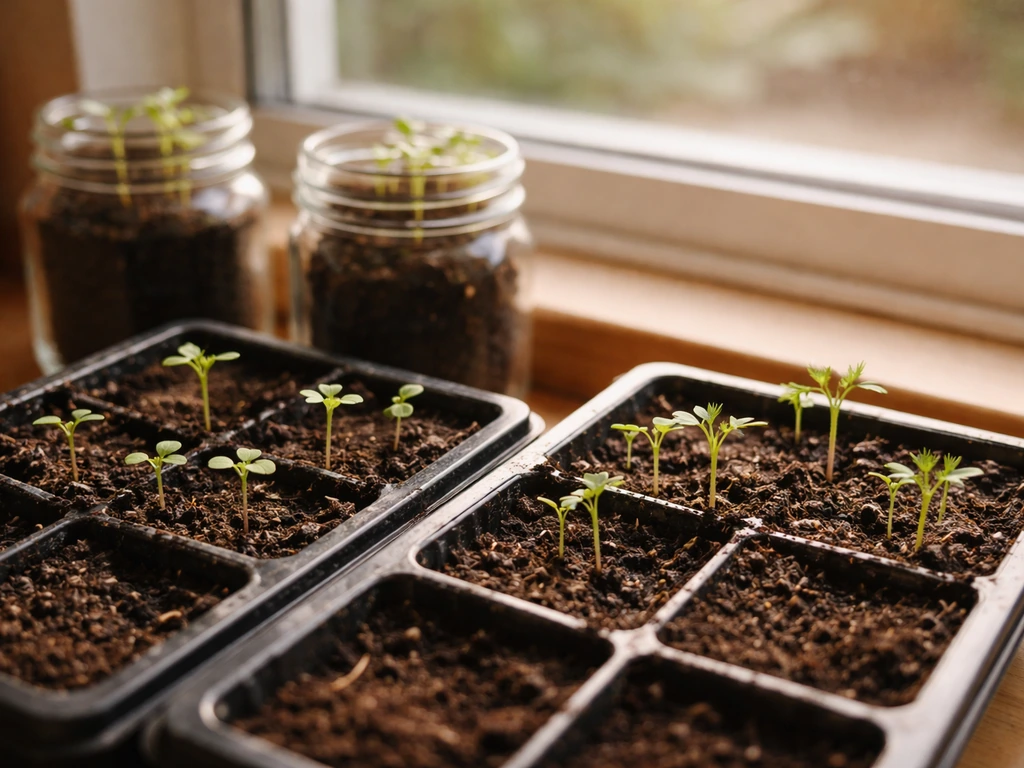Seed trays and glass jars with early flower sprouts on a windowsill, lit by natural morning light.