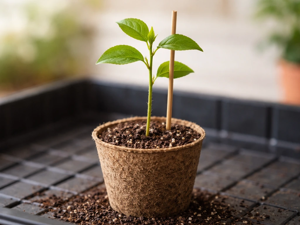 Plum seedling in a small pot of seed-starting mix, ready to transplant into a young tree stage.