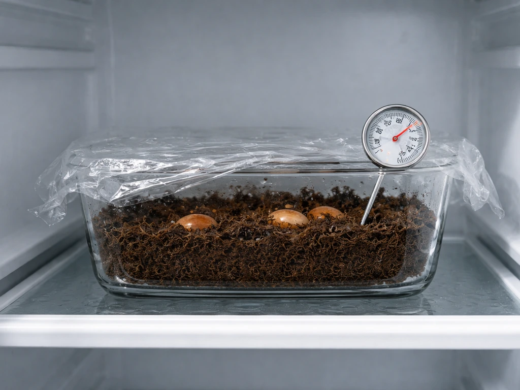 Clear container of moist medium with plum seeds and a thermometer inside a fridge-like setup.