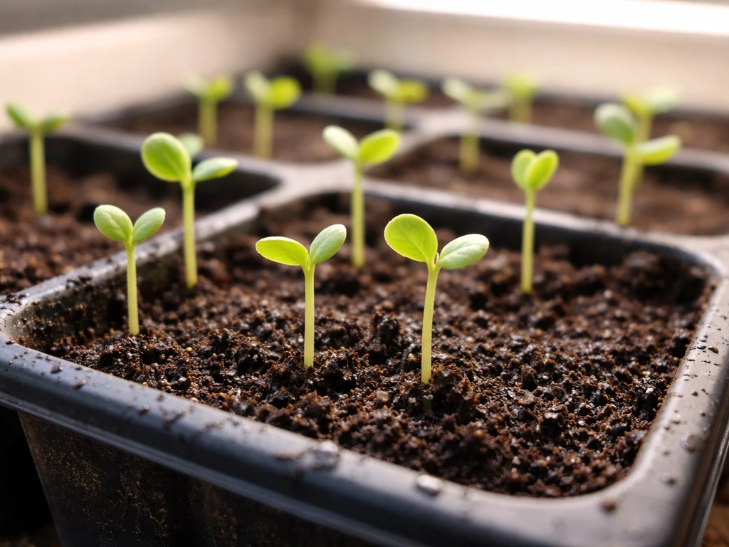 Close-up of young pomelo seedlings in warm, bright growing light with evenly moist soil.