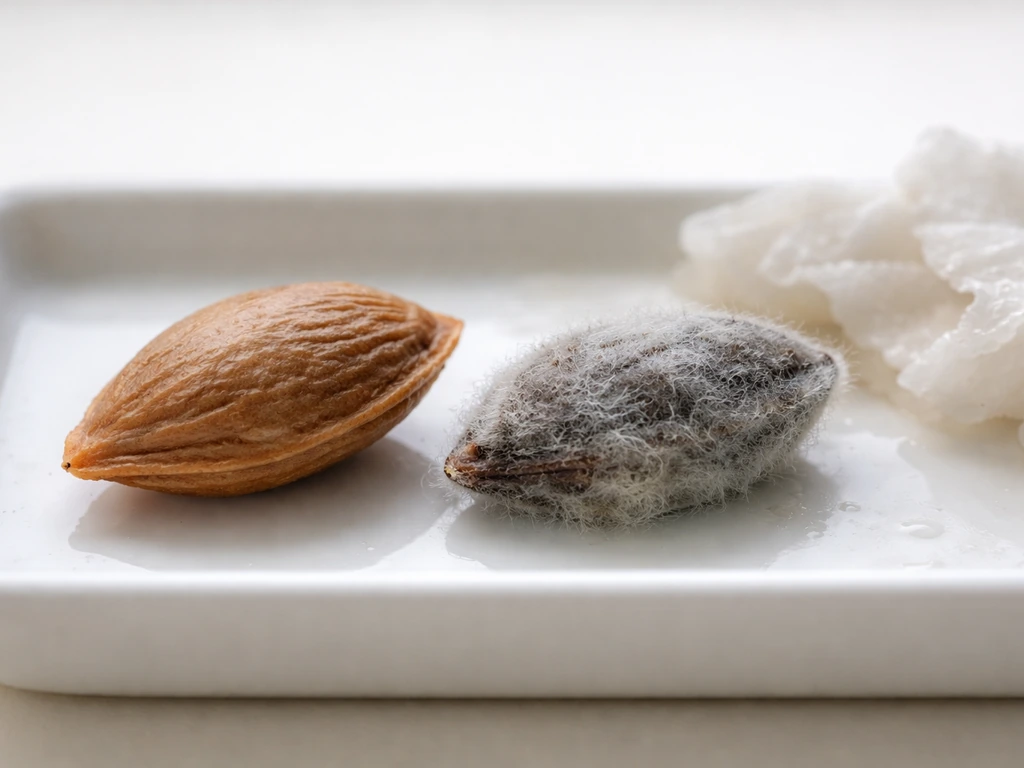 Close-up of plum seeds in separate trays: one firm healthy seed beside a moldy failed seed, showing slow germination iss